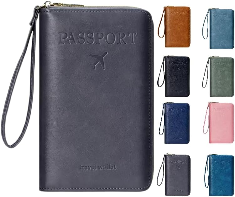 GLOLOOS Multi-Functional RFID Passport Wallet,Travel Wallet for Men & Women,With zipper, anti-theft passport holder，Slim Leather Cover for Credit Cards, Tickets, Cash (Grey) - Image 1